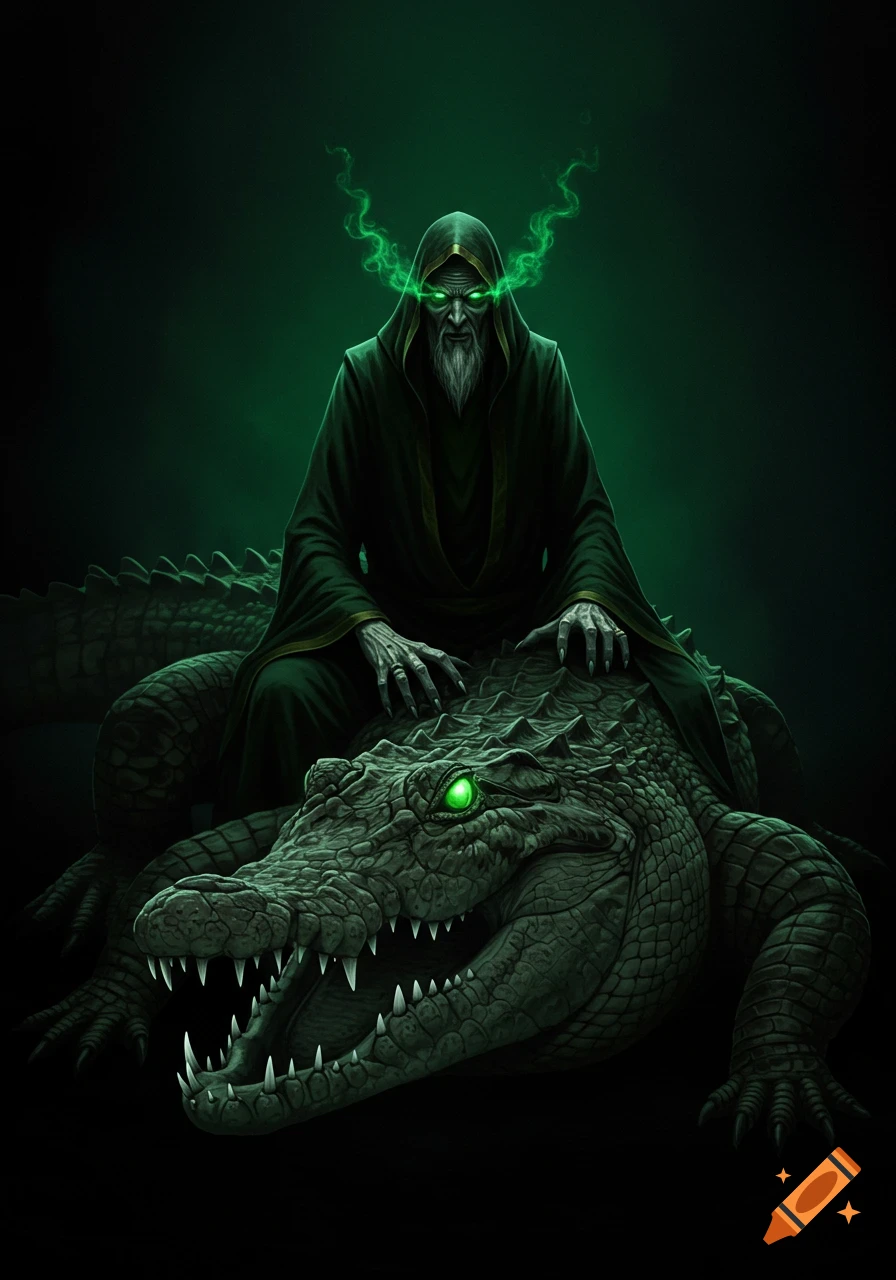 Dark fantasy illustration of a robed old man with glowing green eyes, sitting on an oversized crocodile.