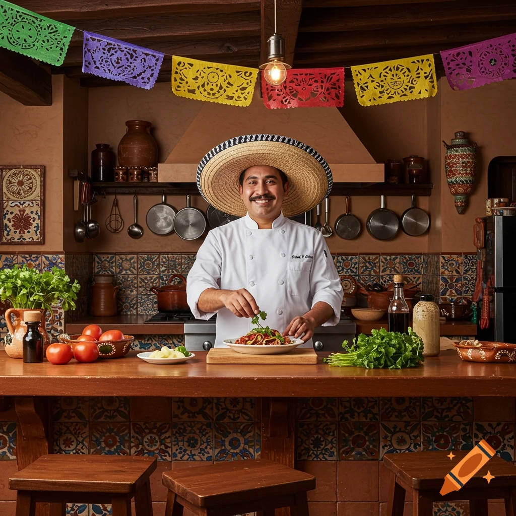 Mexican chef in a sombrero, smiling and garnishing a dish in a rustic kitchen decorated with colorful papel picado.