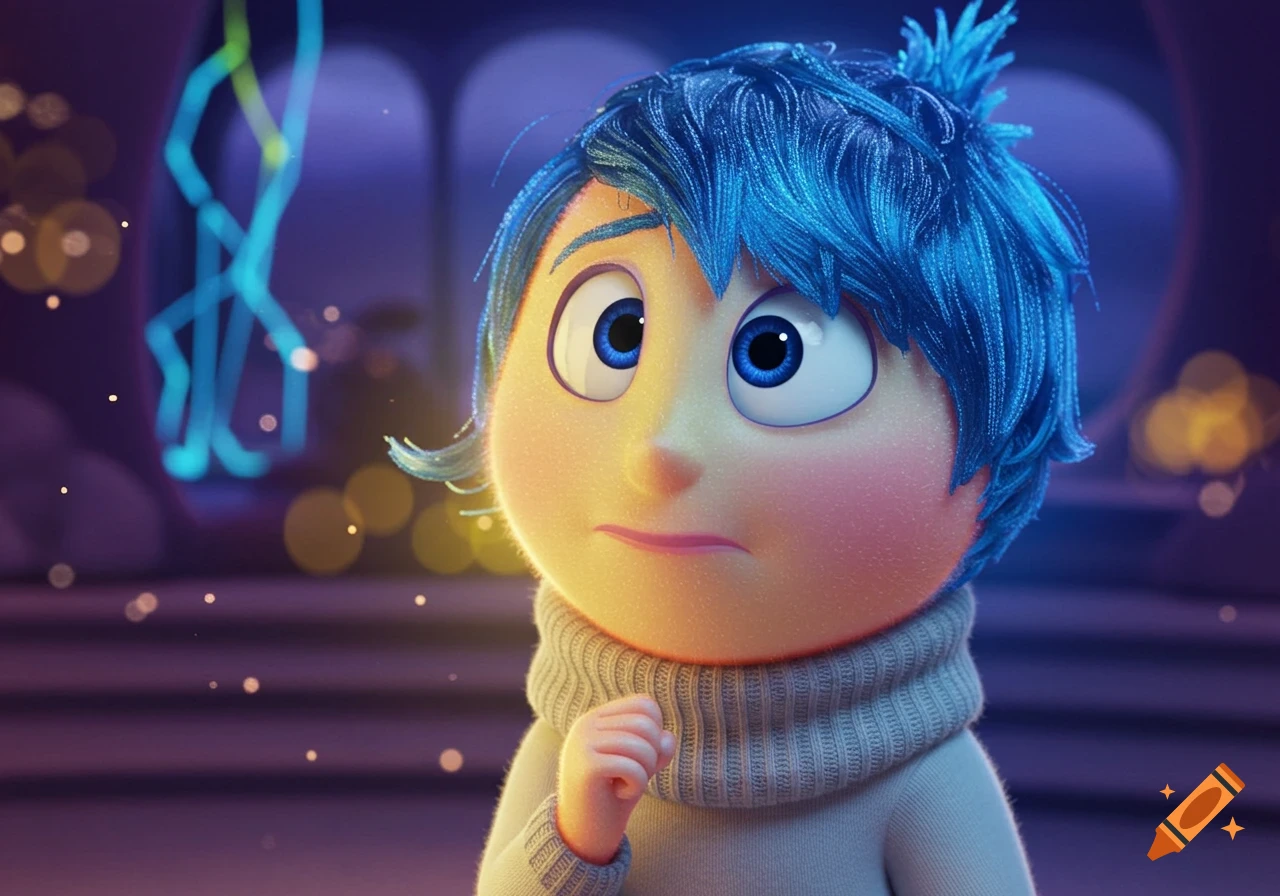 A CGI character with bright blue hair, large blue eyes, and pale skin, wearing a gray turtleneck, looking concerned.