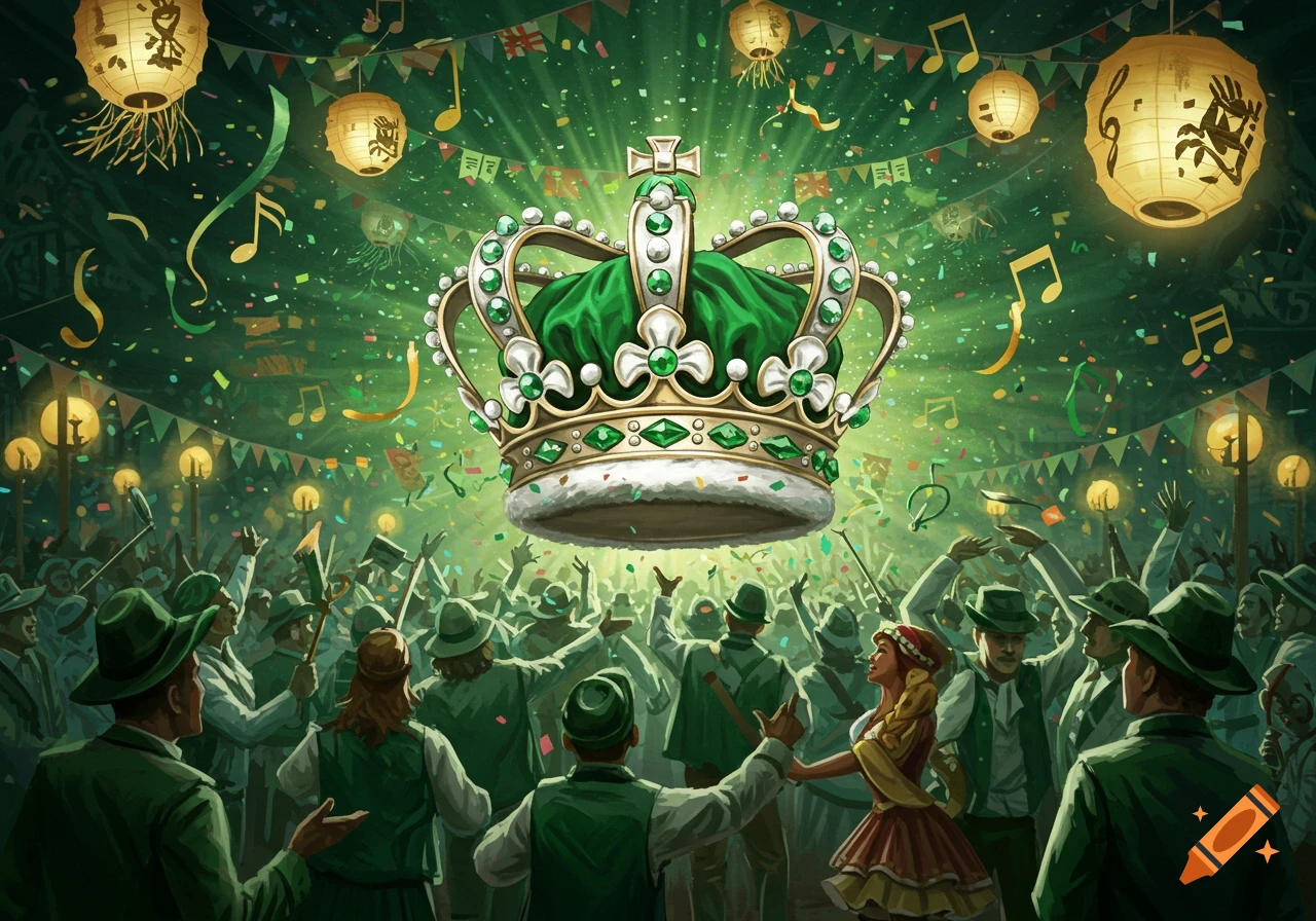 A large, ornate green and gold crown floats above a cheering crowd dressed in green, surrounded by confetti and lanterns.