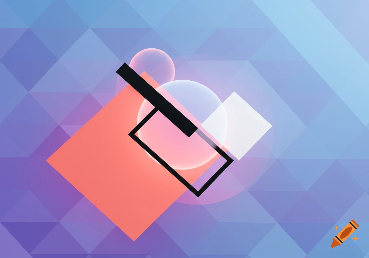 Abstract geometric composition with a pink parallelogram, black rectangle outline, black bar, and translucent circles over a blue and purple triangular gradient background.