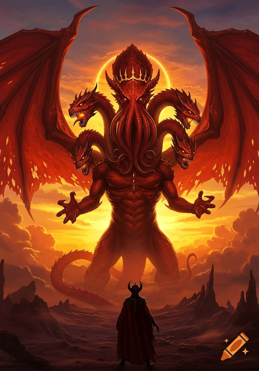 A colossal red winged dragon with multiple heads and Cthulhu-like features stands against a fiery sunset, facing a small, robed figure in a barren landscape.