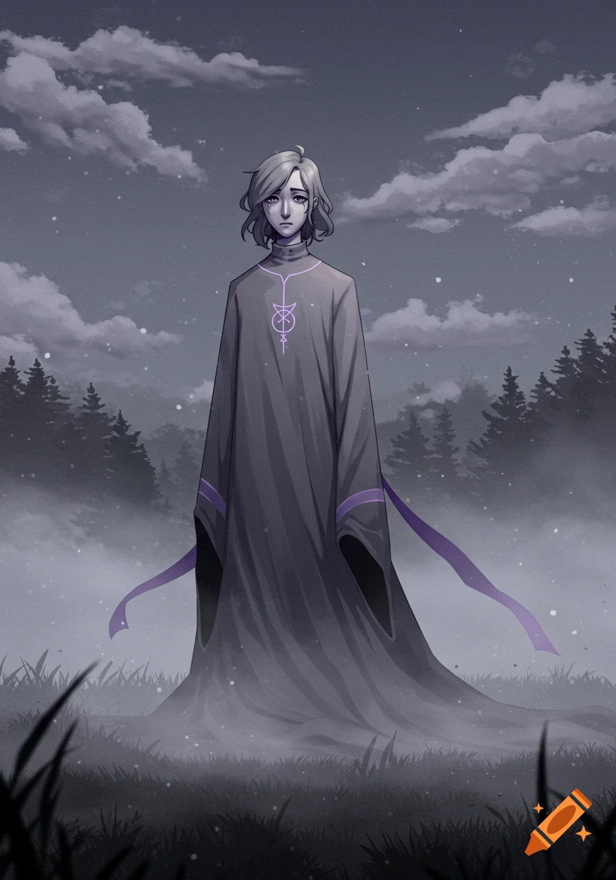 A slender, sad-eyed figure with grey hair in a long grey and purple robe stands in a misty field with trees under a cloudy night sky.