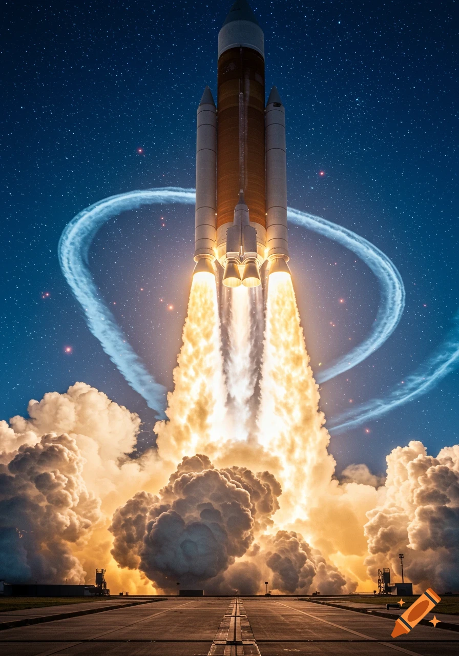 A powerful rocket blasts off from a launchpad into a starry night sky, trailing huge plumes of fire and smoke.
