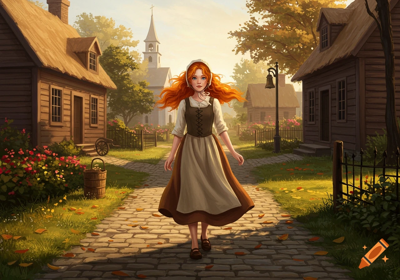 A vibrant red-haired girl in a long dress and bonnet walks through a picturesque Puritan-era village towards a church.