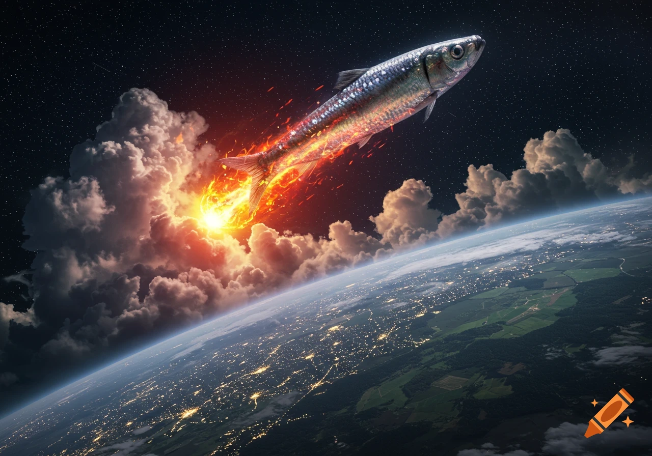 A giant sardine with a fiery tail launches from a cloud into space above Earth, resembling a meteor.