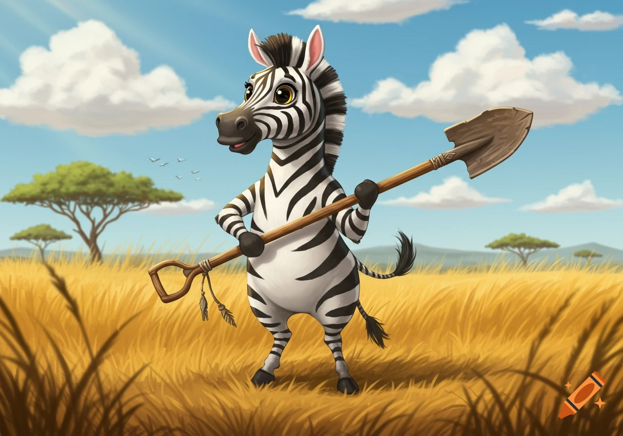 A cartoon zebra stands upright in a sunny savanna, holding a shovel.