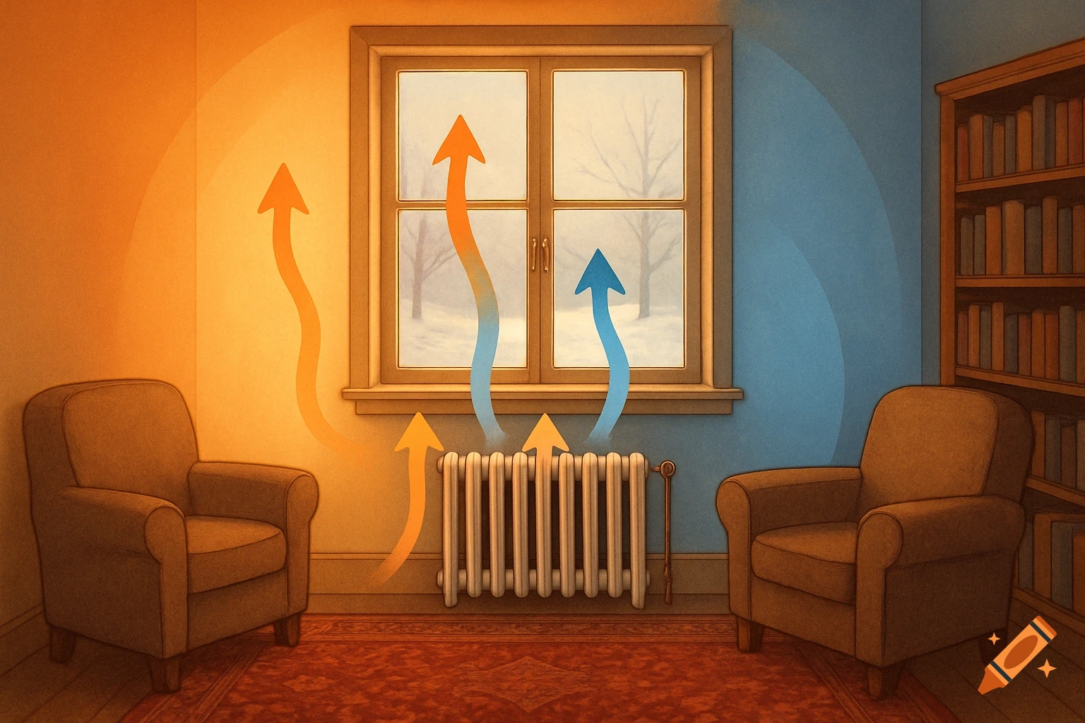An educational illustration showing a radiator heating a cozy room with a window looking out onto a snowy winter scene. Warm and cold air currents are indicated by glowing arrows and colored overlays.