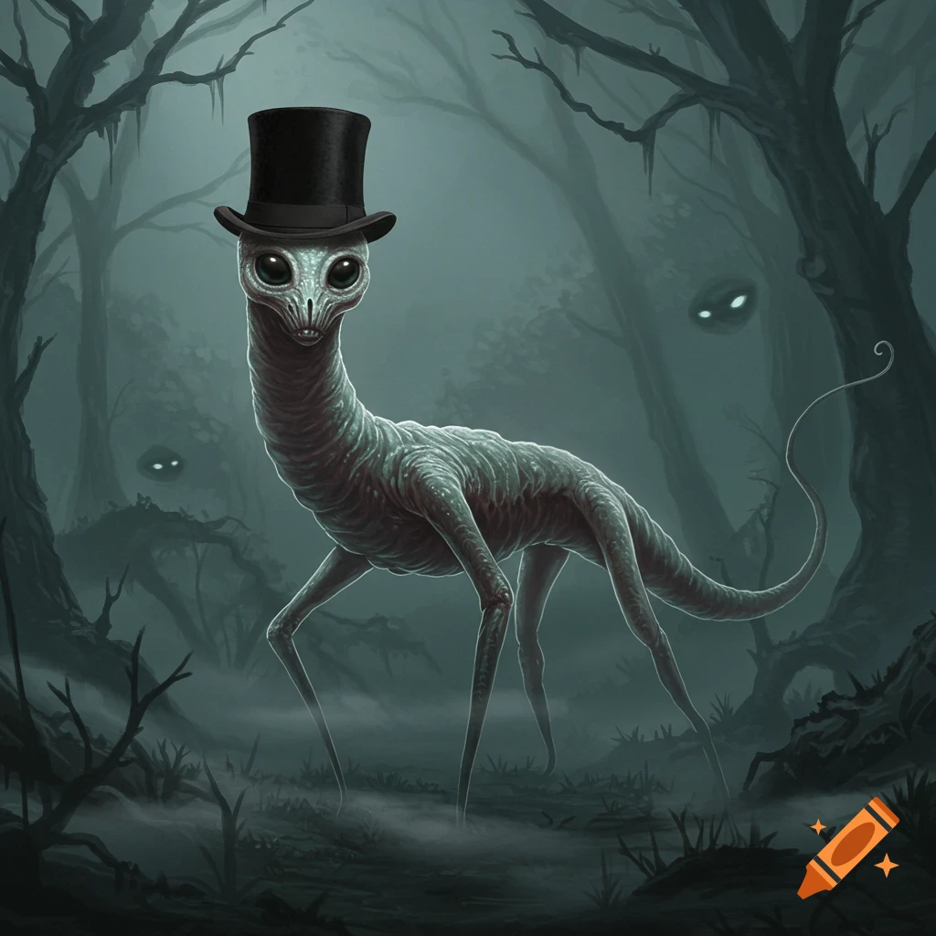 A creepy, pale grey, long-necked creature with large black eyes and a top hat stands in a misty, dark forest.