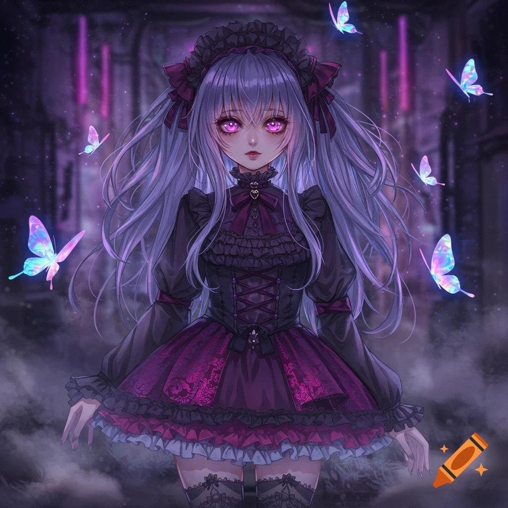 A gothic anime girl with lavender hair and glowing pink eyes wears a dark ruffled dress, surrounded by glowing butterflies in a dark setting.