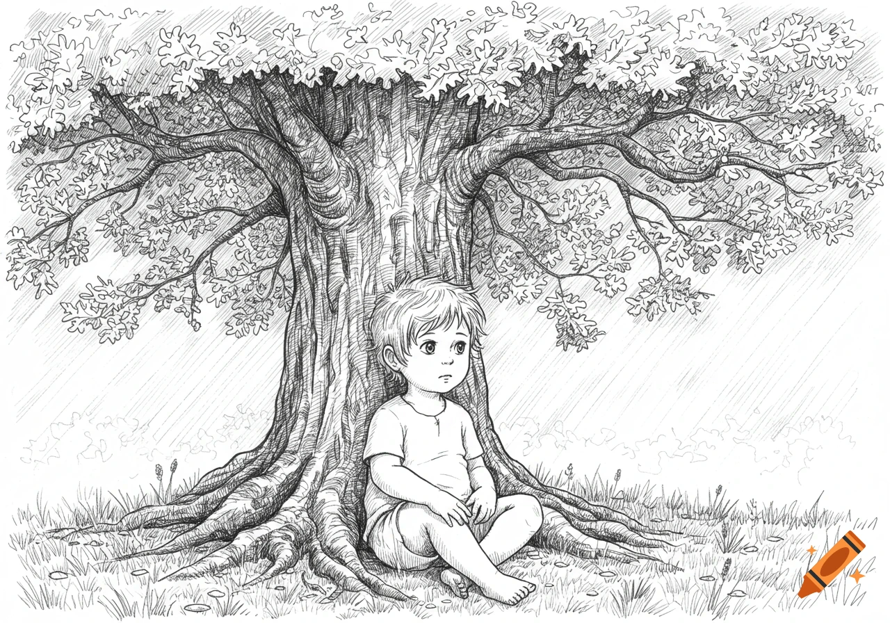 Line art drawing of a young child sitting barefoot under a large, leafy tree in a field.