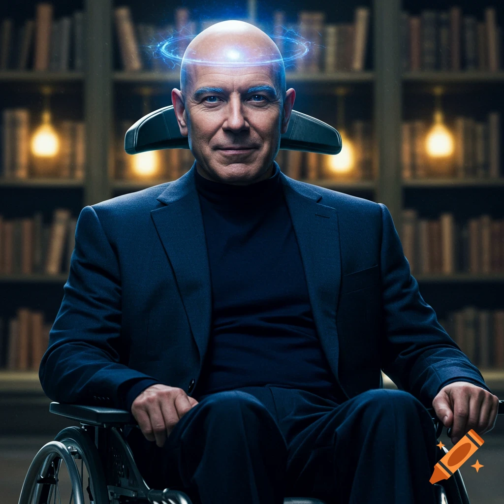 A photorealistic portrait of a bald man in a suit in a wheelchair, with a glowing blue halo around his head, in a library.