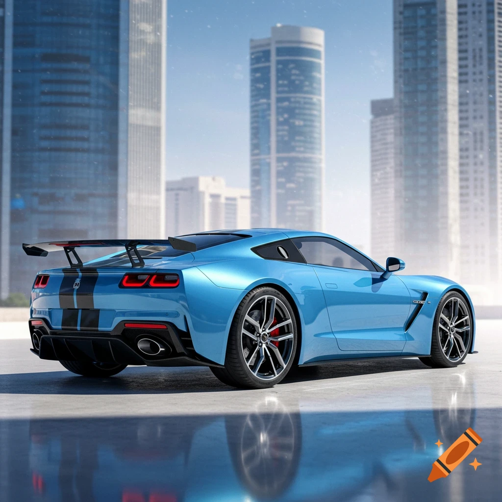 A sleek sky blue sports car with black stripes and a large rear spoiler, parked on a reflective surface in front of a modern city skyline.