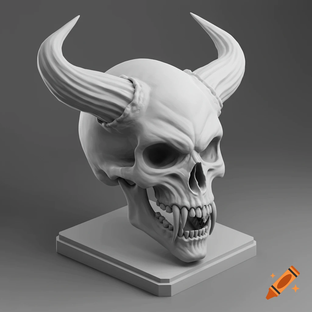 A monochromatic isometric 3D model of a demon skull with fangs and horns, mouth wide open, resting on a pedestal.