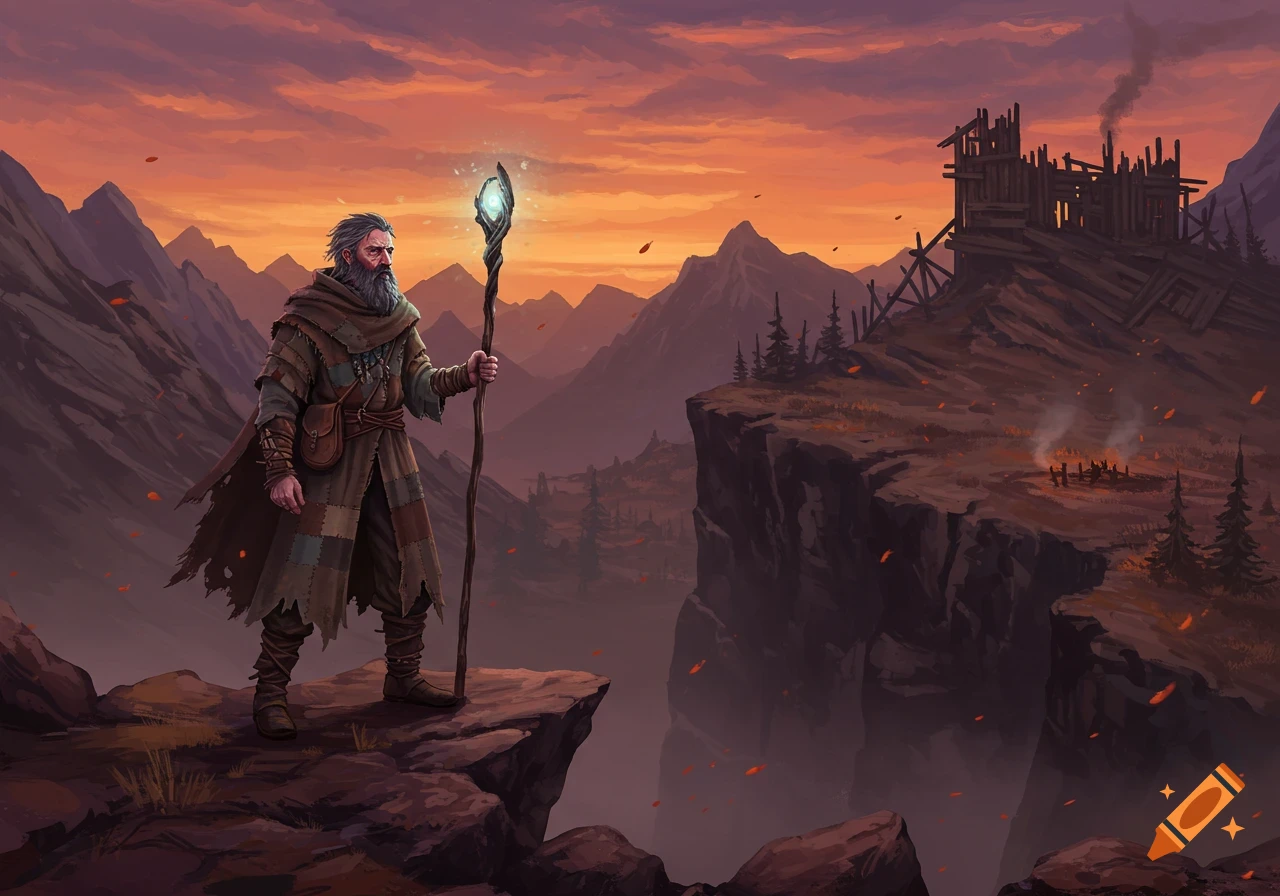 A bearded wizard with a glowing staff stands on a cliff overlooking a ruined fortress and mountains at sunset, in a fantasy digital art style.