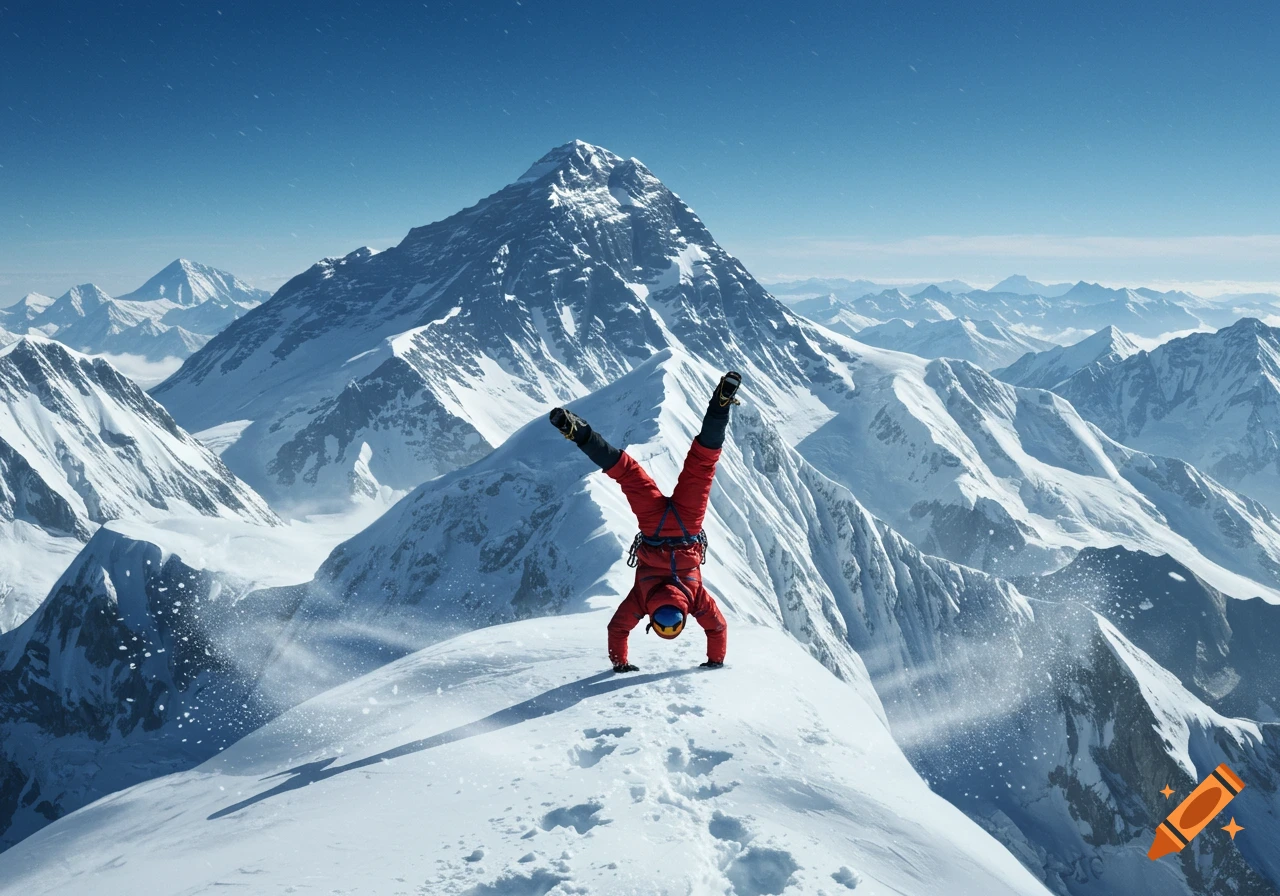 A person in a red winter suit does a handstand on a snowy mountain ridge with Mount Everest towering in the background.