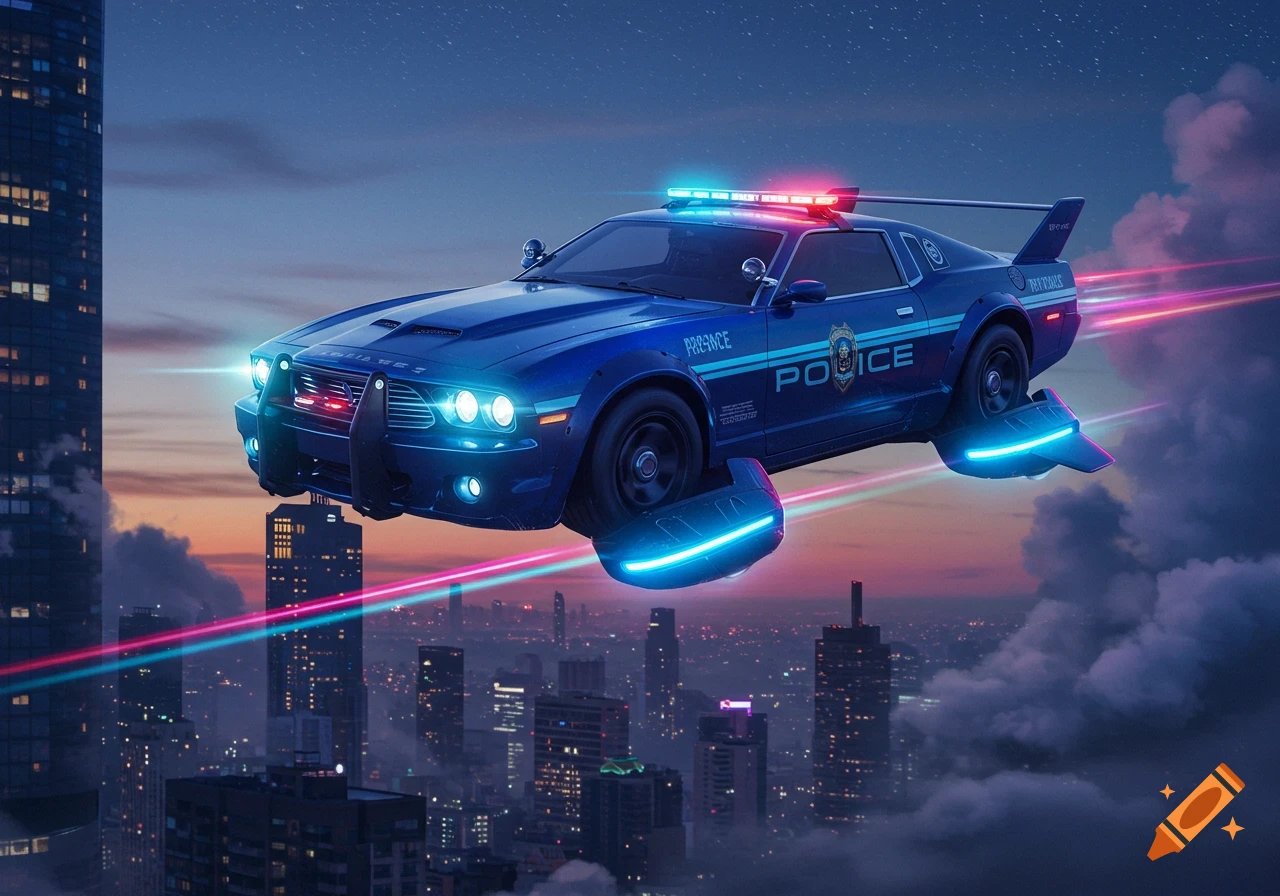 A blue futuristic flying police car with glowing lights and sirens soars over a city at dusk, leaving colorful light trails.