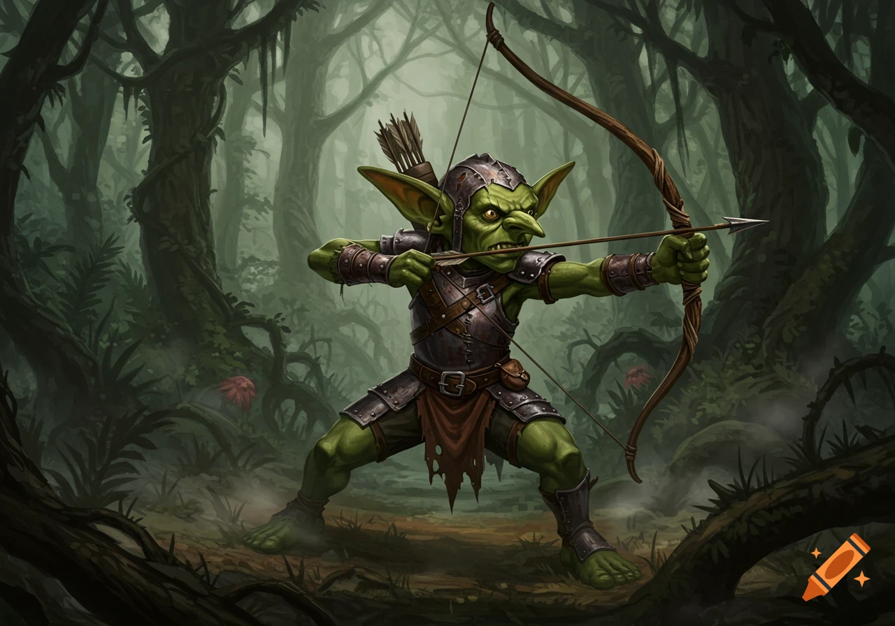 Green-skinned goblin archer wearing armor, drawing a bow in a dark, misty forest, fantasy art style.