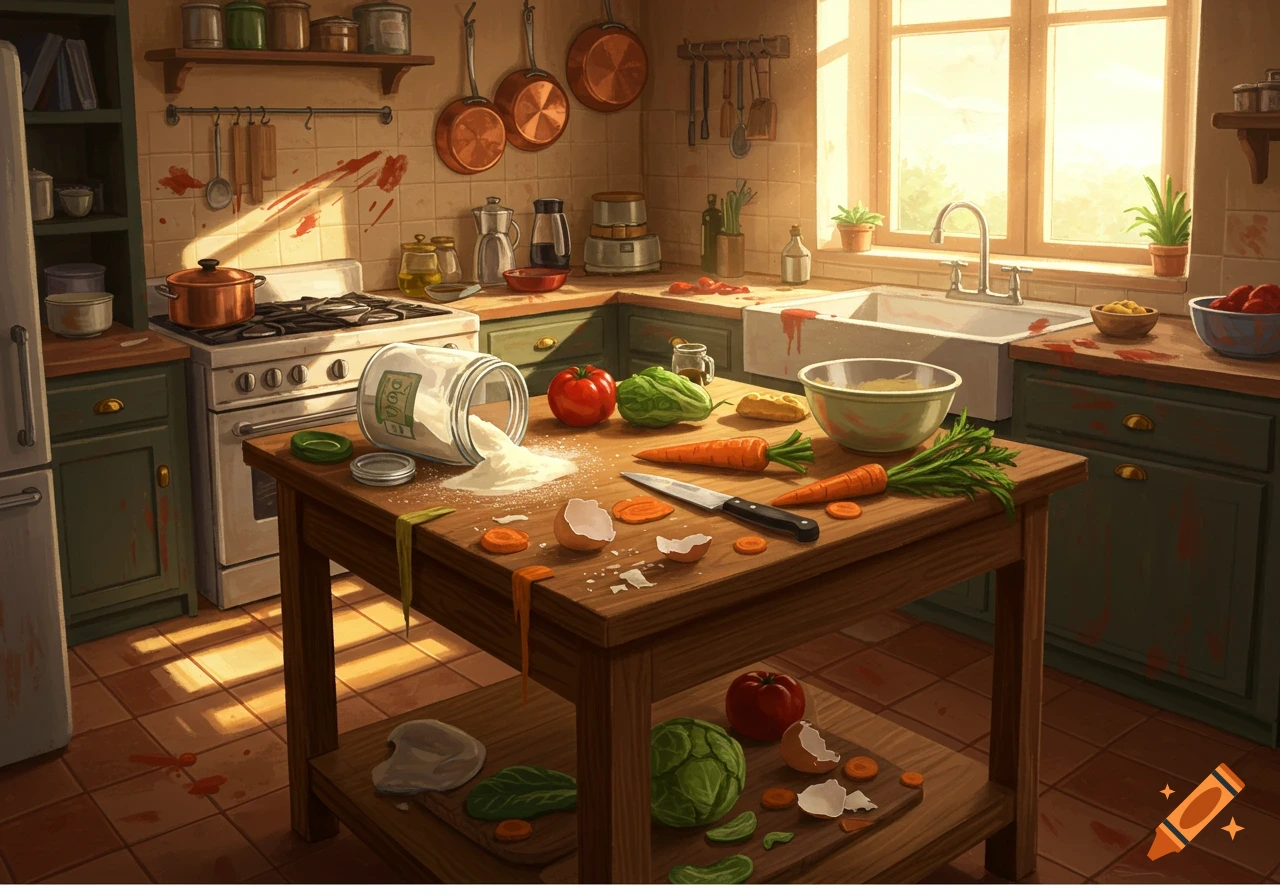 An illustration of a messy kitchen with spilled flour, chopped vegetables, and red splatters on counters and walls, with sunlight streaming through a window.