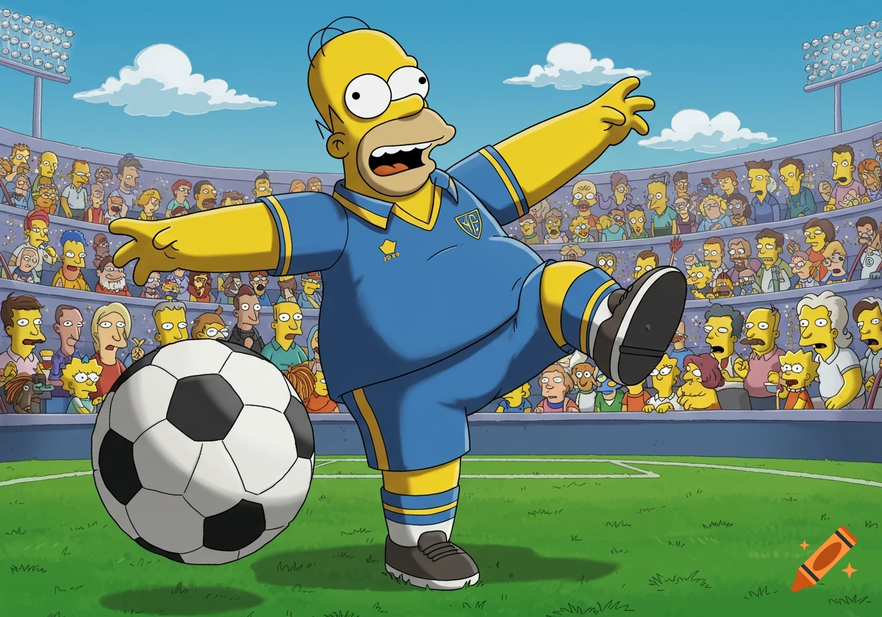 Homer Simpson in a blue and yellow soccer uniform kicks a soccer ball on a green field in a stadium full of spectators under a blue sky.