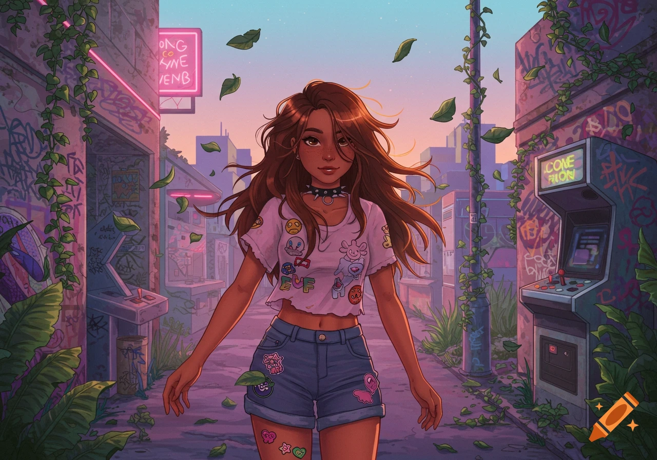 A stylized scenecore girl with brown hair and tan skin walks in a neon-lit, vine-covered urban alley with arcade machines.