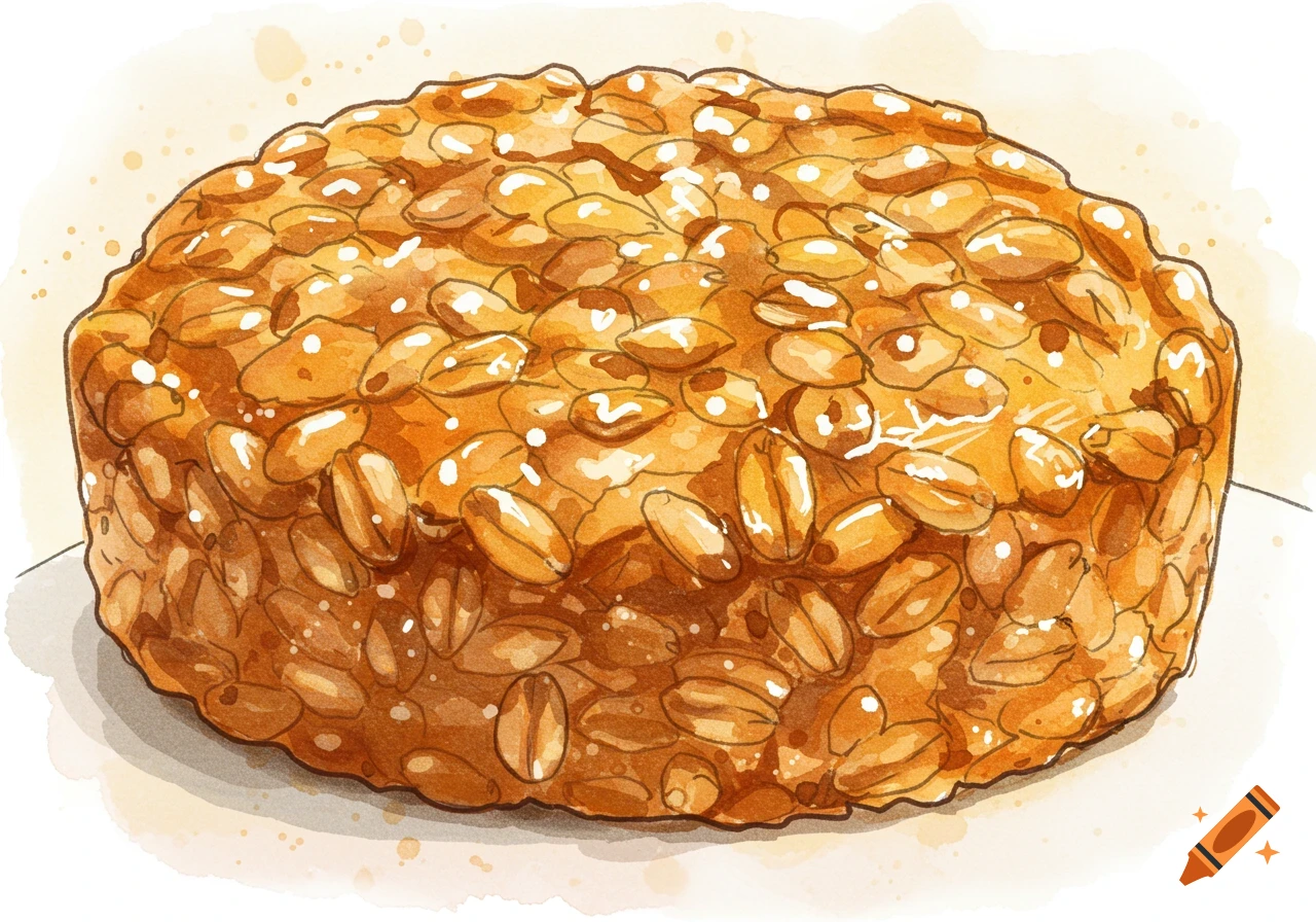 Watercolor illustration of a golden-brown puffed wheat cake on a white background.