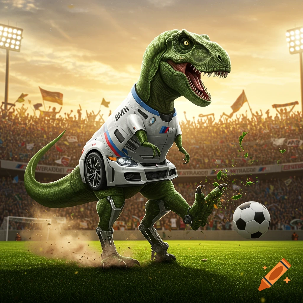 A green T-Rex dinosaur wearing a white BMW-themed soccer jersey kicks a soccer ball in a crowded stadium at sunset.