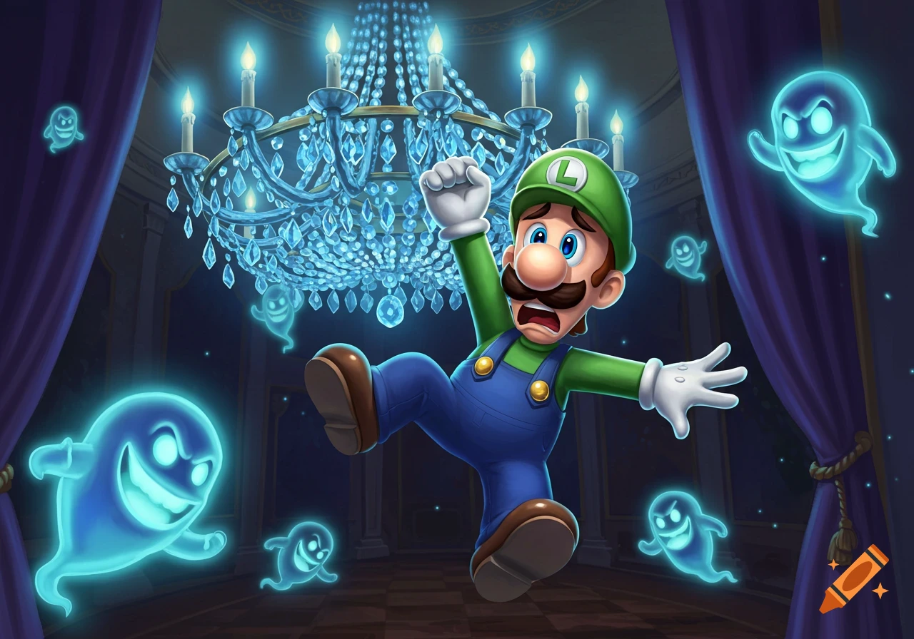 Scared Luigi is surrounded by glowing blue ghosts in a dark, ornate room with a chandelier.