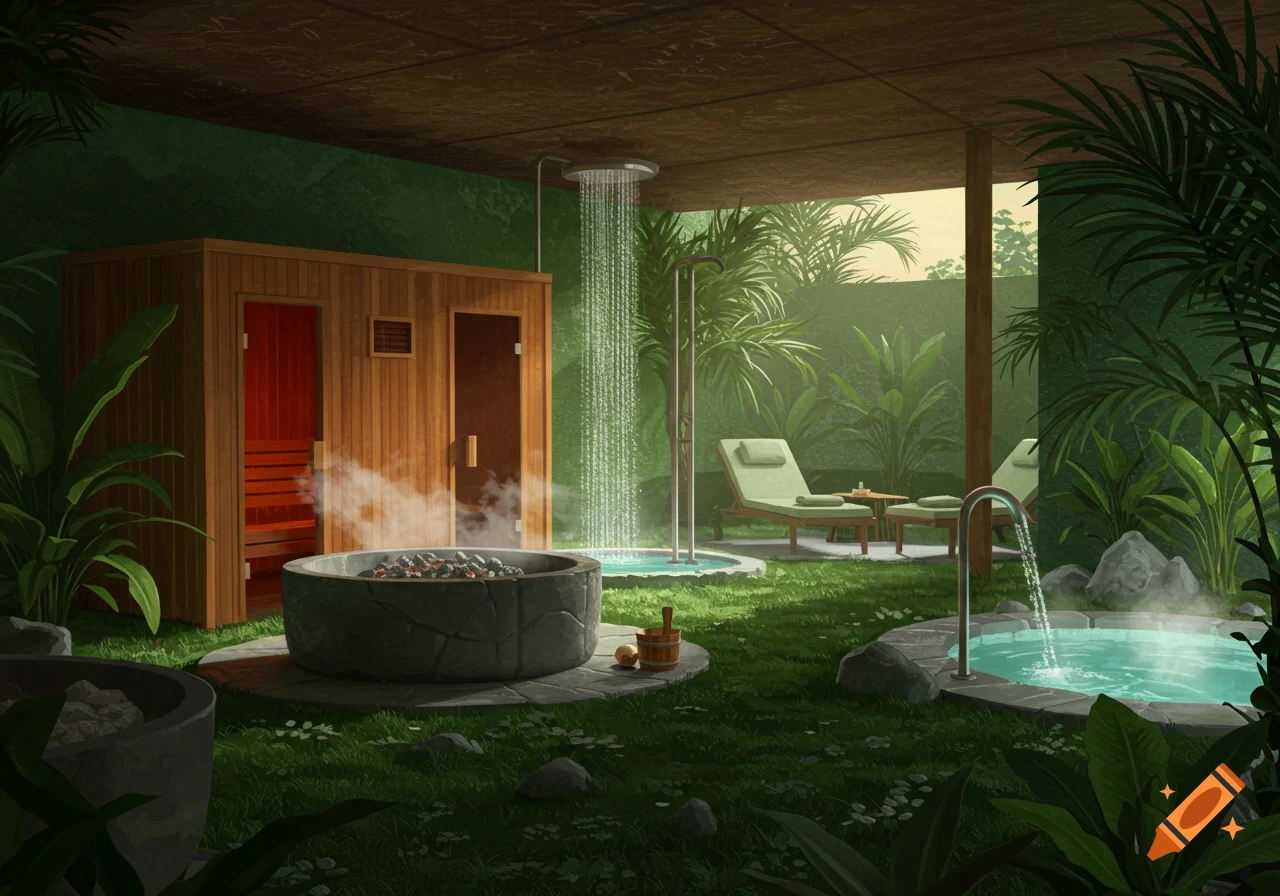 A lush bio spa environment featuring a wooden sauna, a steaming stone hot tub, a tropical rain shower, a small pool, and lounge chairs, all surrounded by abundant green plants.