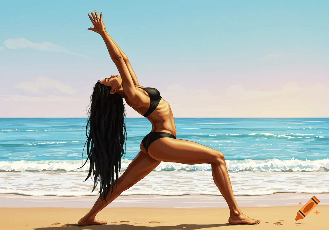 An illustrated Hispanic woman with long black hair doing a yoga pose on a beach with the ocean in the background.