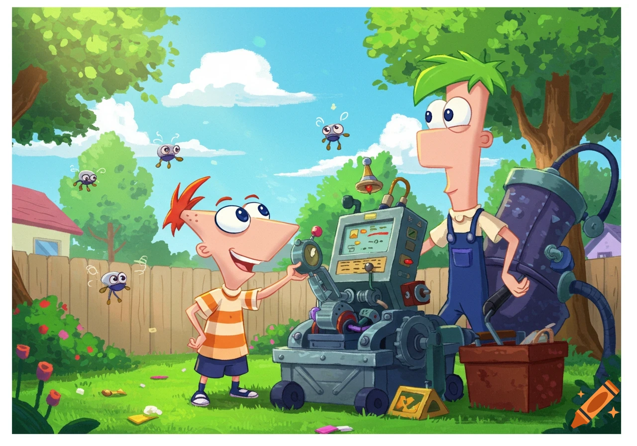 Cartoon characters Phineas and Ferb stand in a sunny backyard with a large, elaborate invention and small flying creatures.