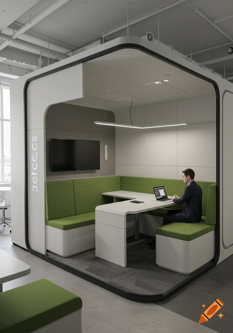 A man in a suit works on a laptop inside a modern white and green office pod.