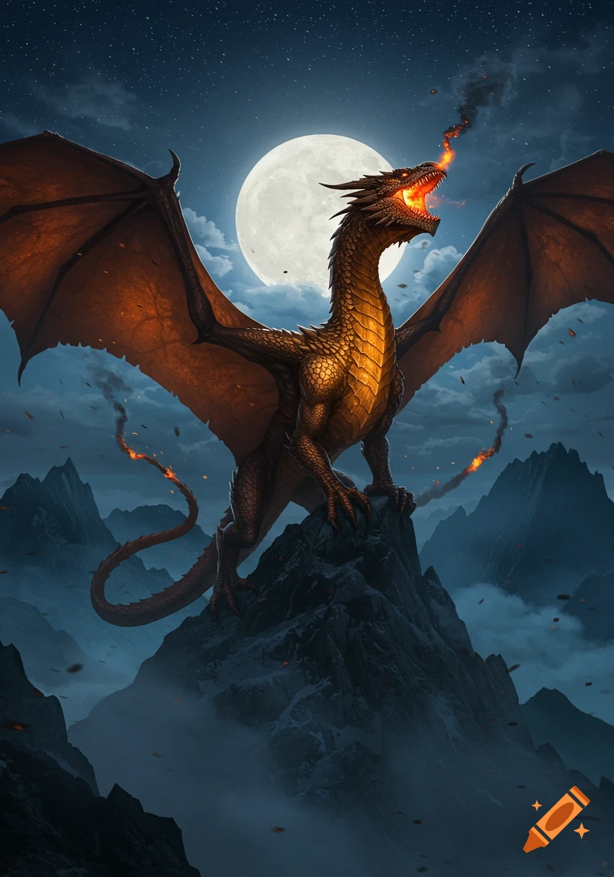 A majestic dragon with glowing eyes stands atop a rocky mountain peak, breathing fire under a large full moon and starry night sky.