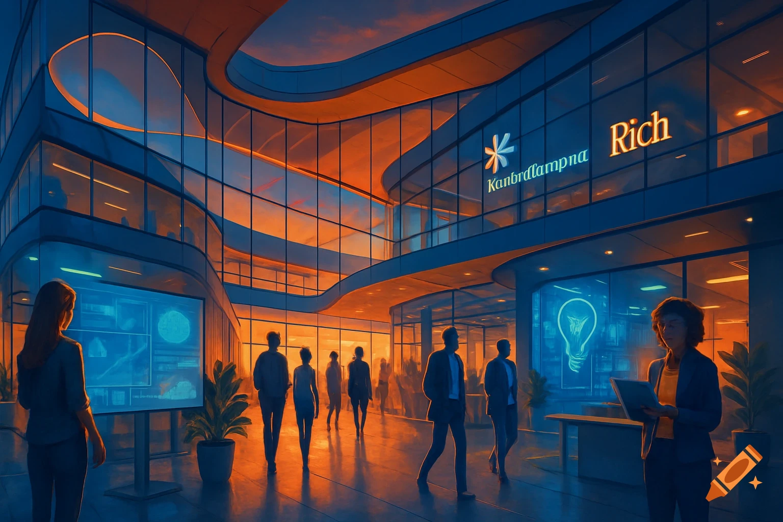 Stylized image of people in a modern, glass-fronted innovation center, bathed in orange and blue light at dusk, with company signs.