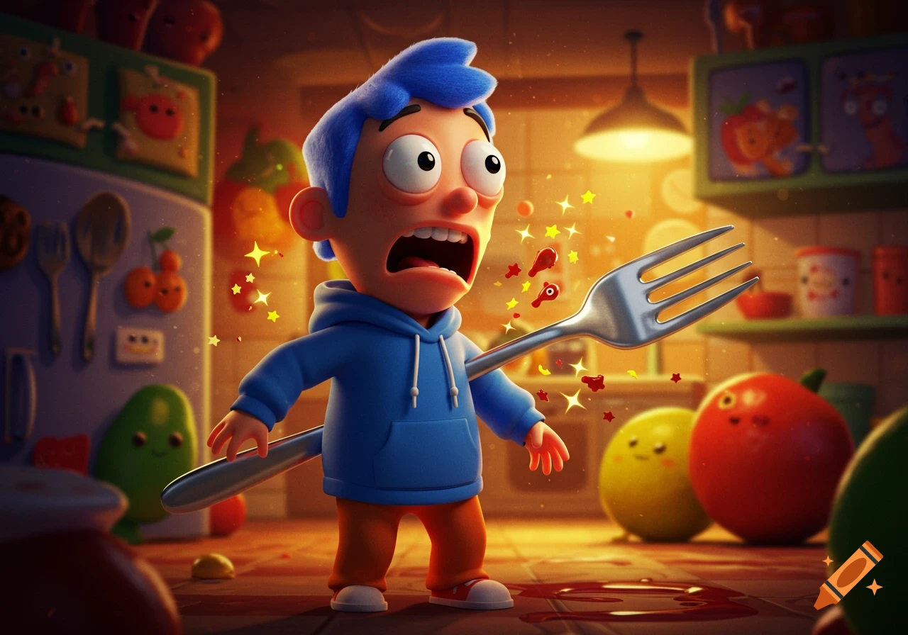 A wide-eyed, blue-haired cartoon boy with a fork through his chest looks shocked in a whimsical kitchen.