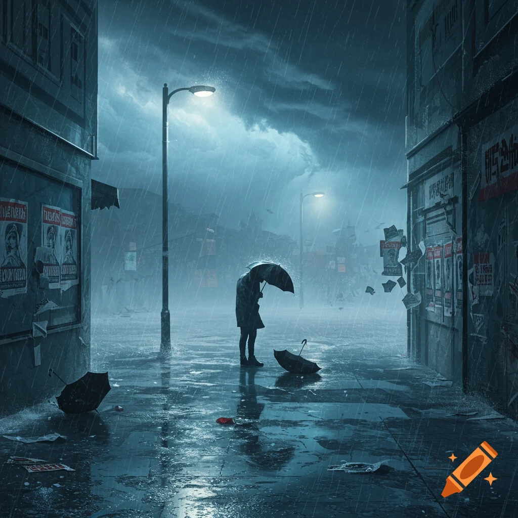 A person holds an umbrella, standing in a heavily rainy urban street at night, with wet reflections and distant streetlights.