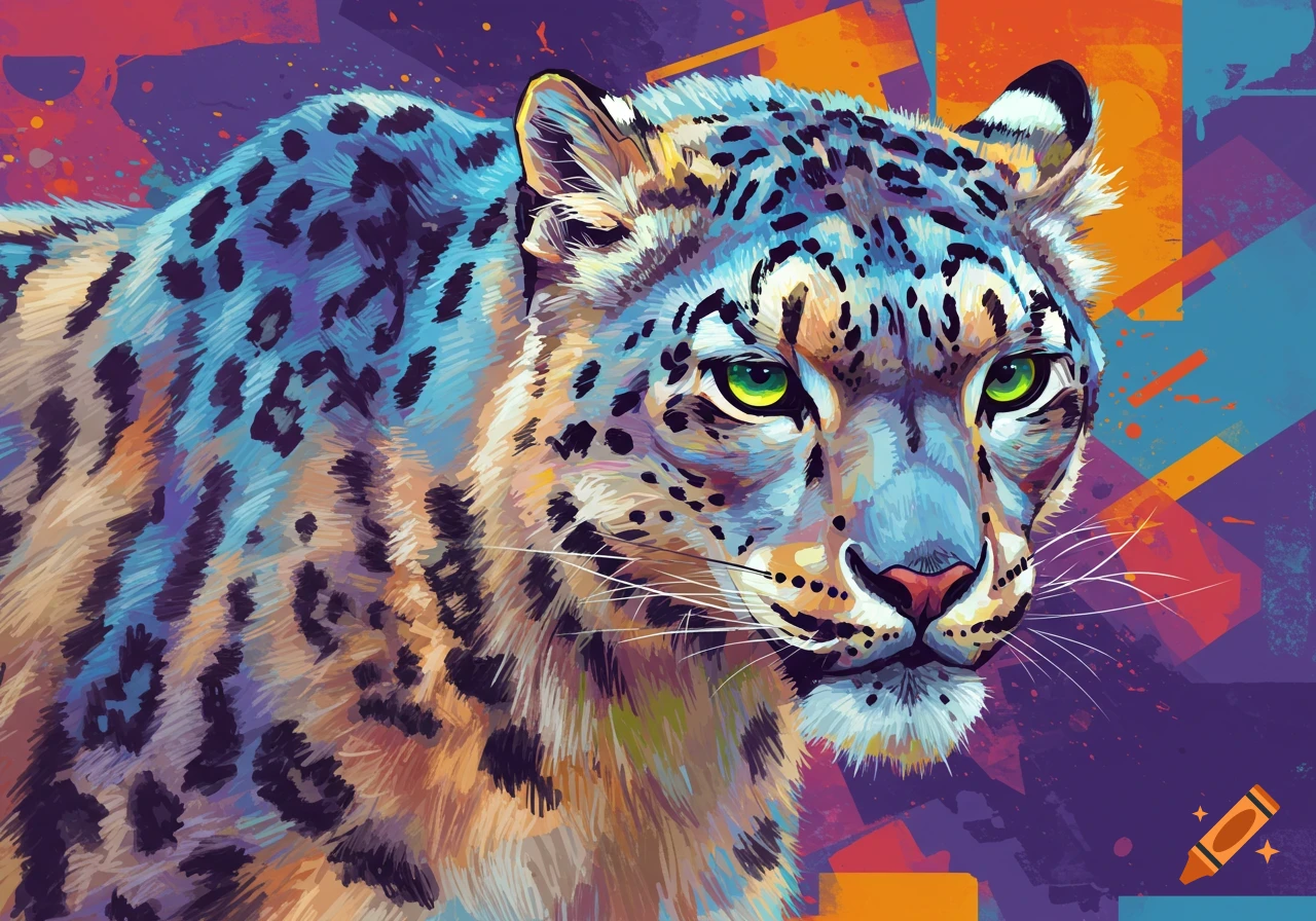 Close-up pop art portrait of a snow leopard with vibrant blue, purple, and orange fur and bright green eyes against an abstract background.