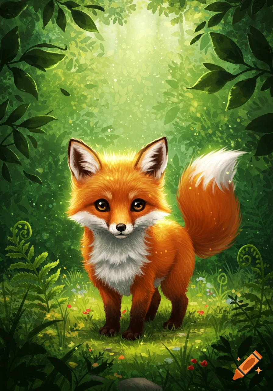 A cute orange fox with white markings stands in a vibrant, lush green forest with dappled sunlight, digital art.