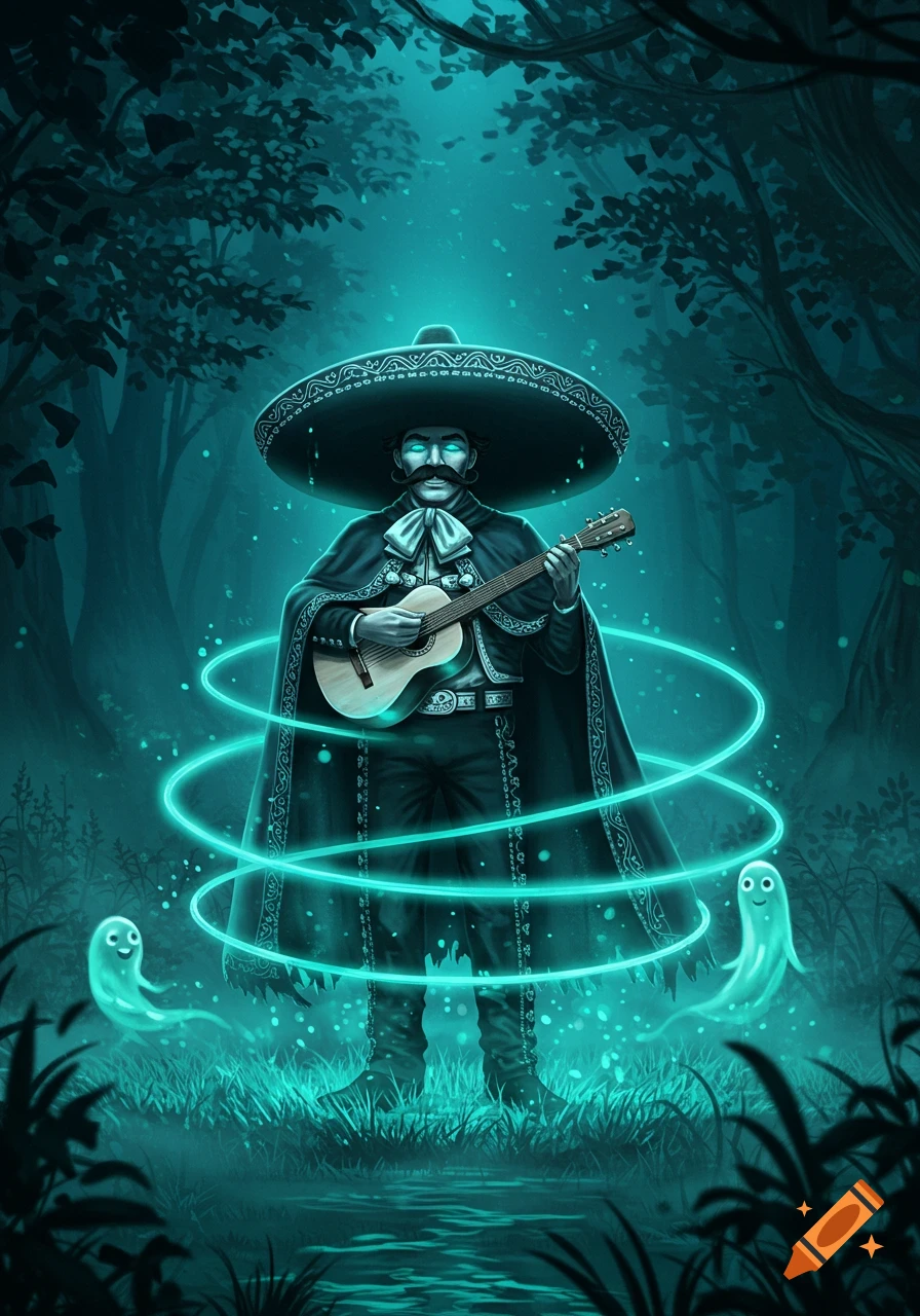 A spectral mariachi with glowing eyes and mustache plays a guitar, surrounded by blue energy and ghosts in a dark, ethereal forest.