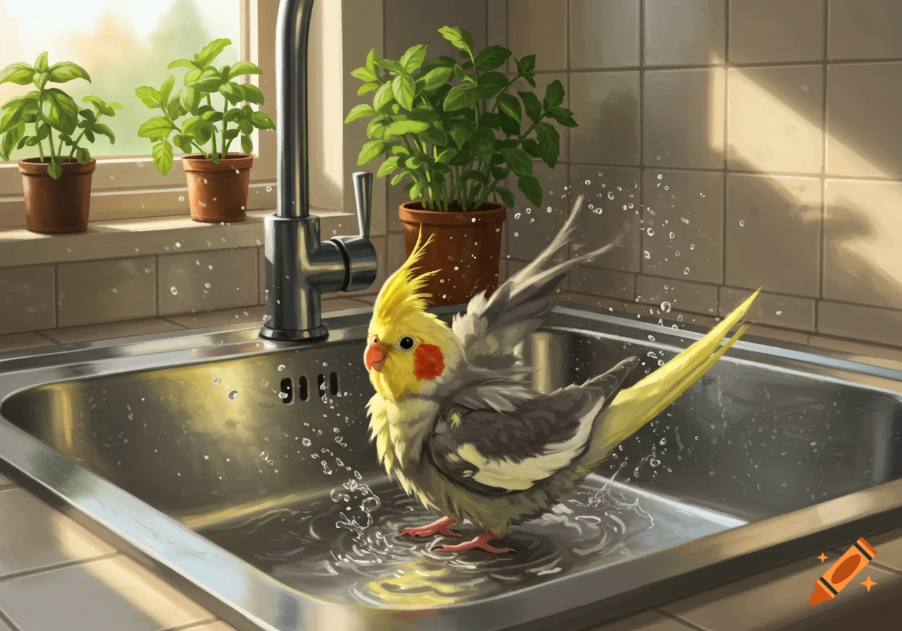 A cockatiel splashes in a kitchen sink, with houseplants on the windowsill behind it.