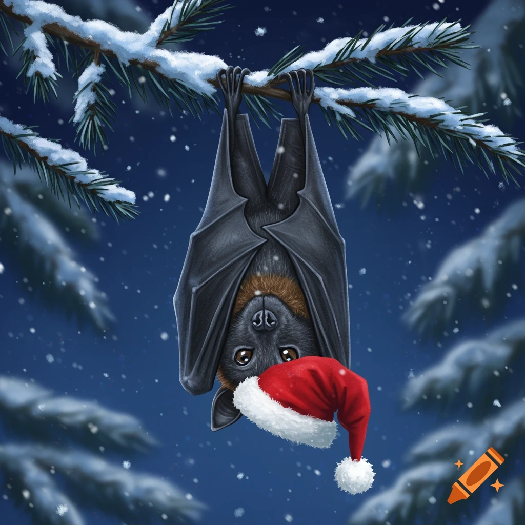 A cute bat wearing a red Santa hat hangs upside down from a snowy pine branch on a winter night, a stylized illustration.