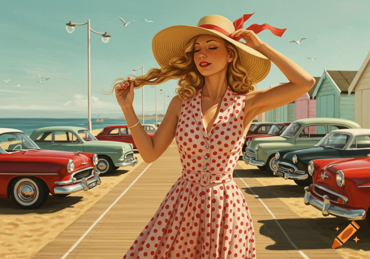An illustration of a woman in a polka-dot dress and sun hat posing on a boardwalk with classic cars and beach huts.