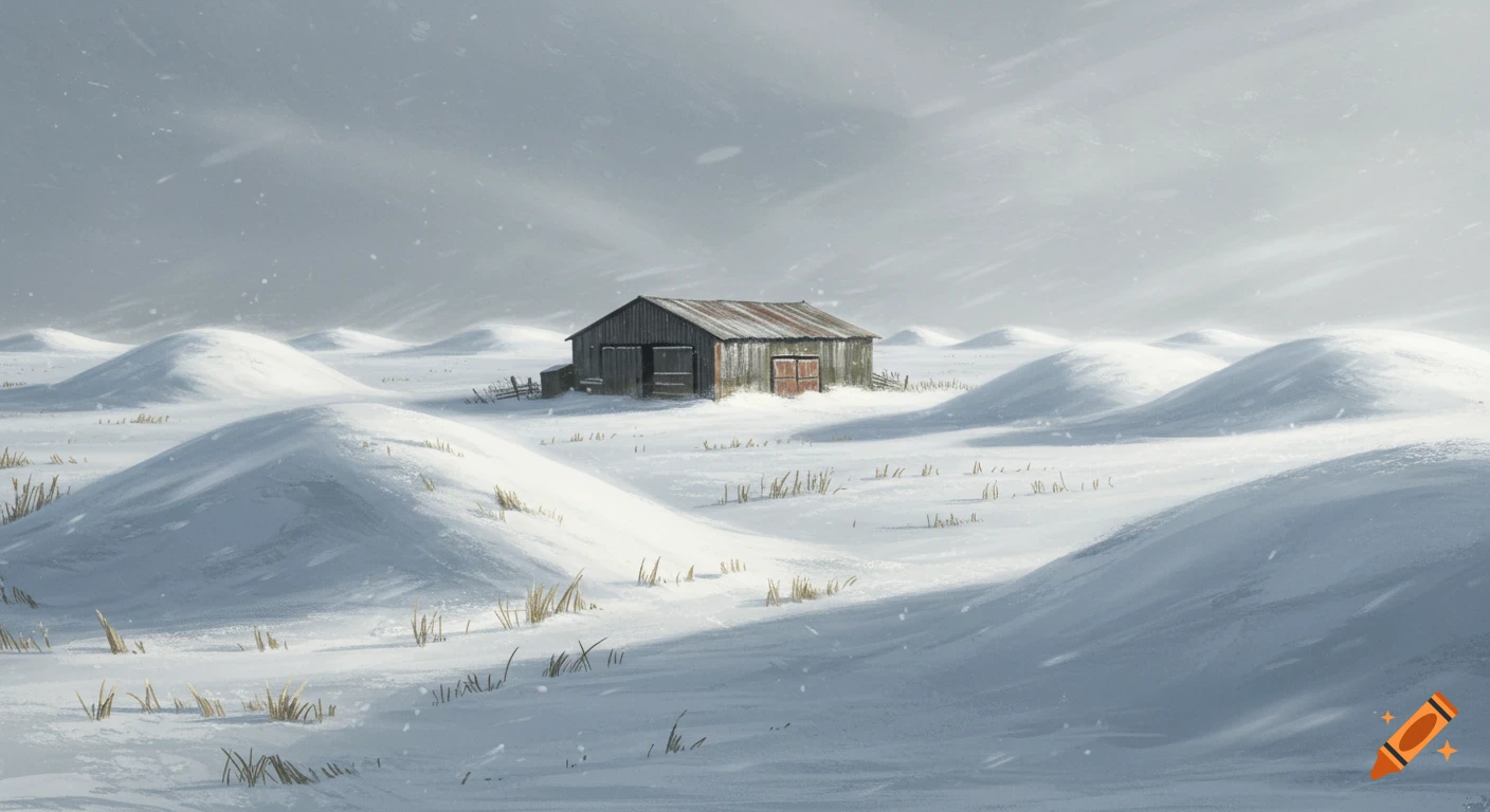 A rustic barn stands in a vast, snow-covered landscape with rolling hills and sparse dry grass under an overcast sky, in a realistic style.