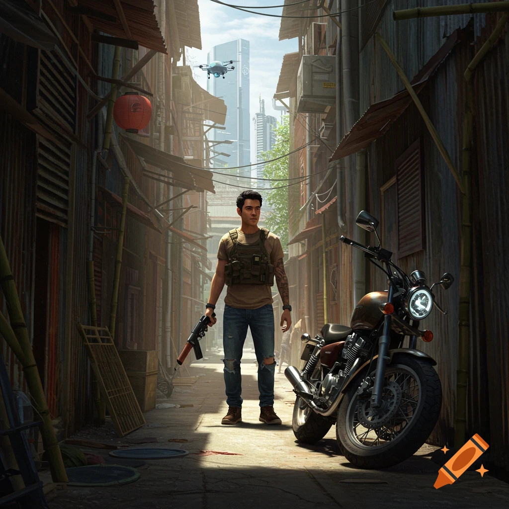 A determined man with a rifle stands next to a motorcycle in a gritty alley, looking up at a drone hovering over a futuristic city.