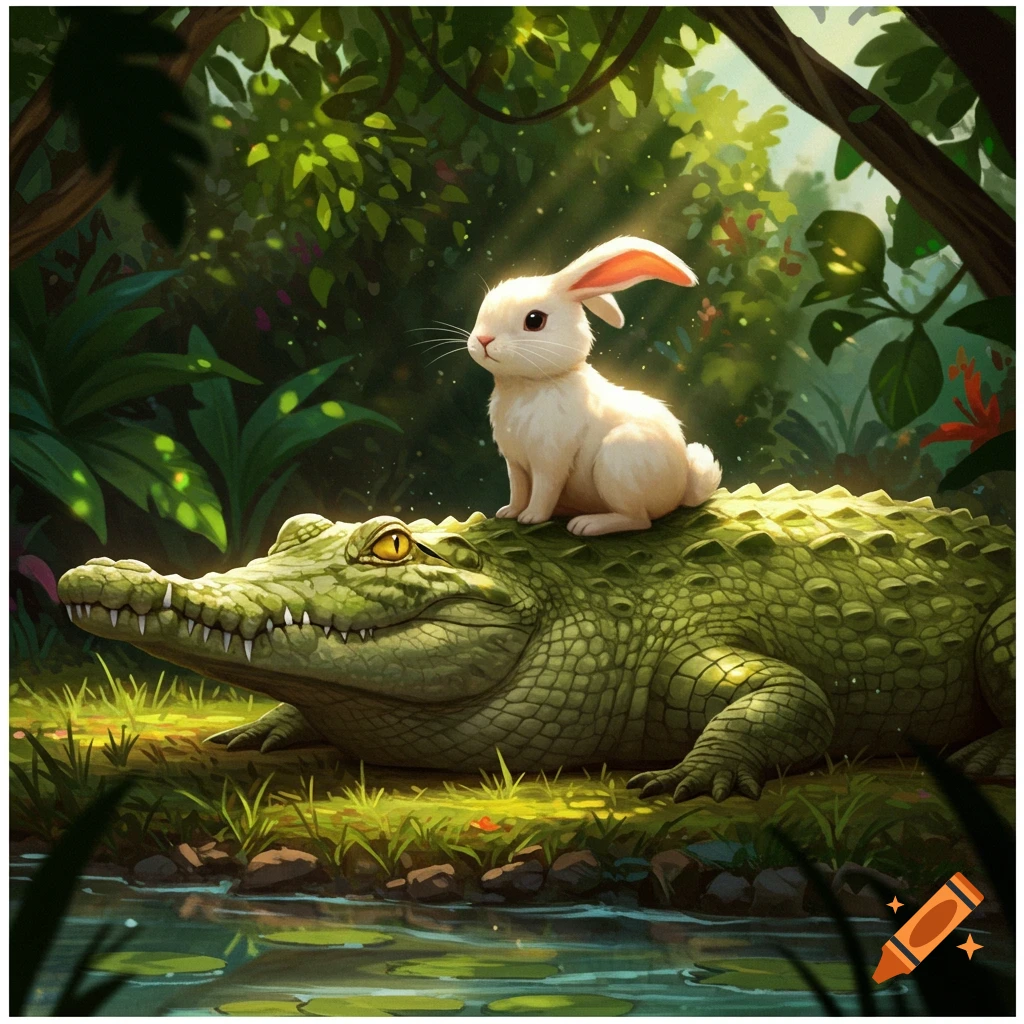 A small white rabbit sits on a large green alligator in a lush jungle setting, digital illustration.