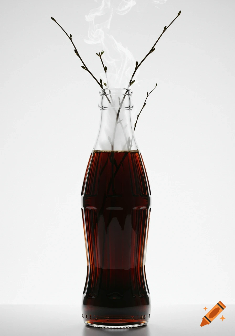 Photorealistic glass cola bottle with dark liquid, branches, and smoke rising from the top, on a white background.