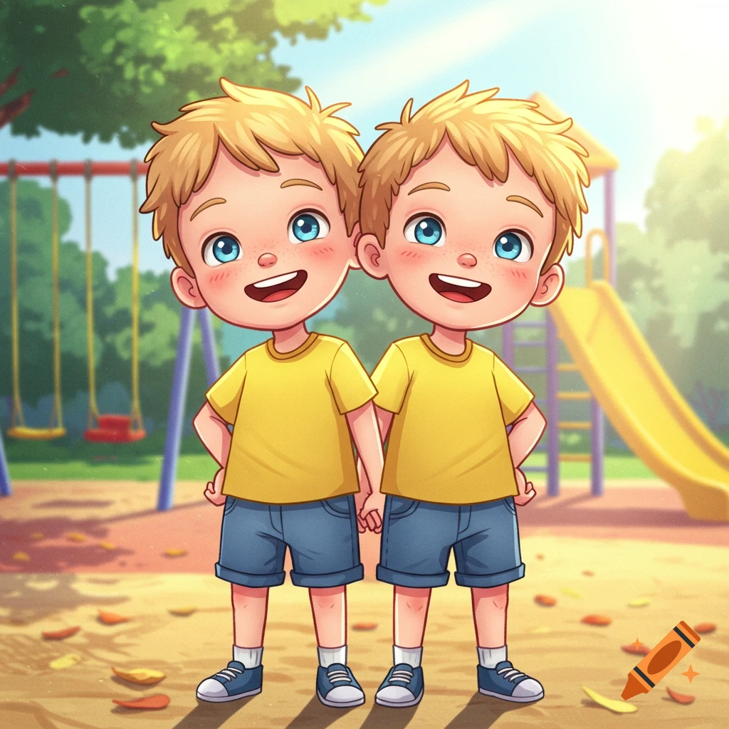 A colorful cartoon of two identical blond twin boys wearing yellow shirts and blue shorts, smiling in a sunny playground with swings and a slide in the background.