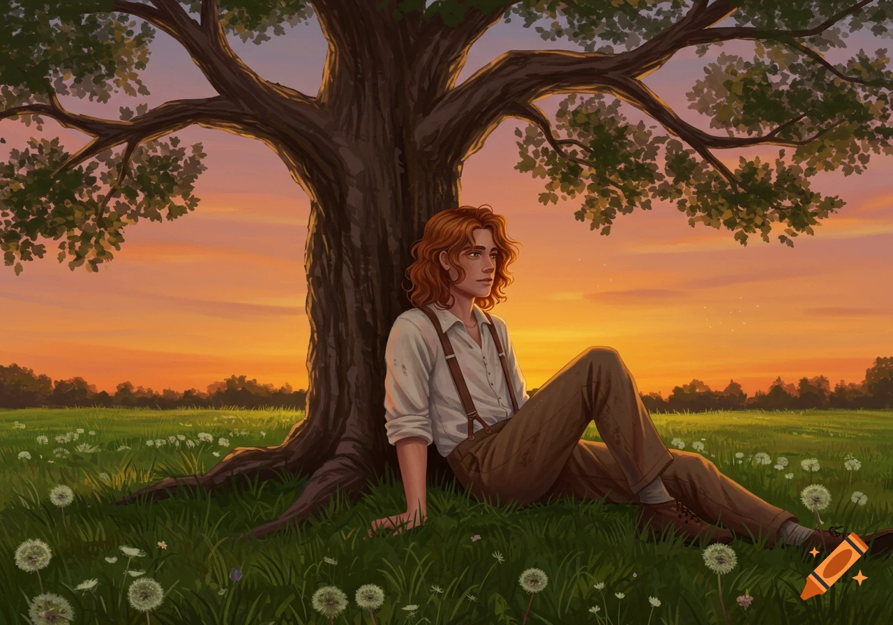 Digital painting of a boy with auburn hair sitting under a large tree in a dandelion field at sunset.