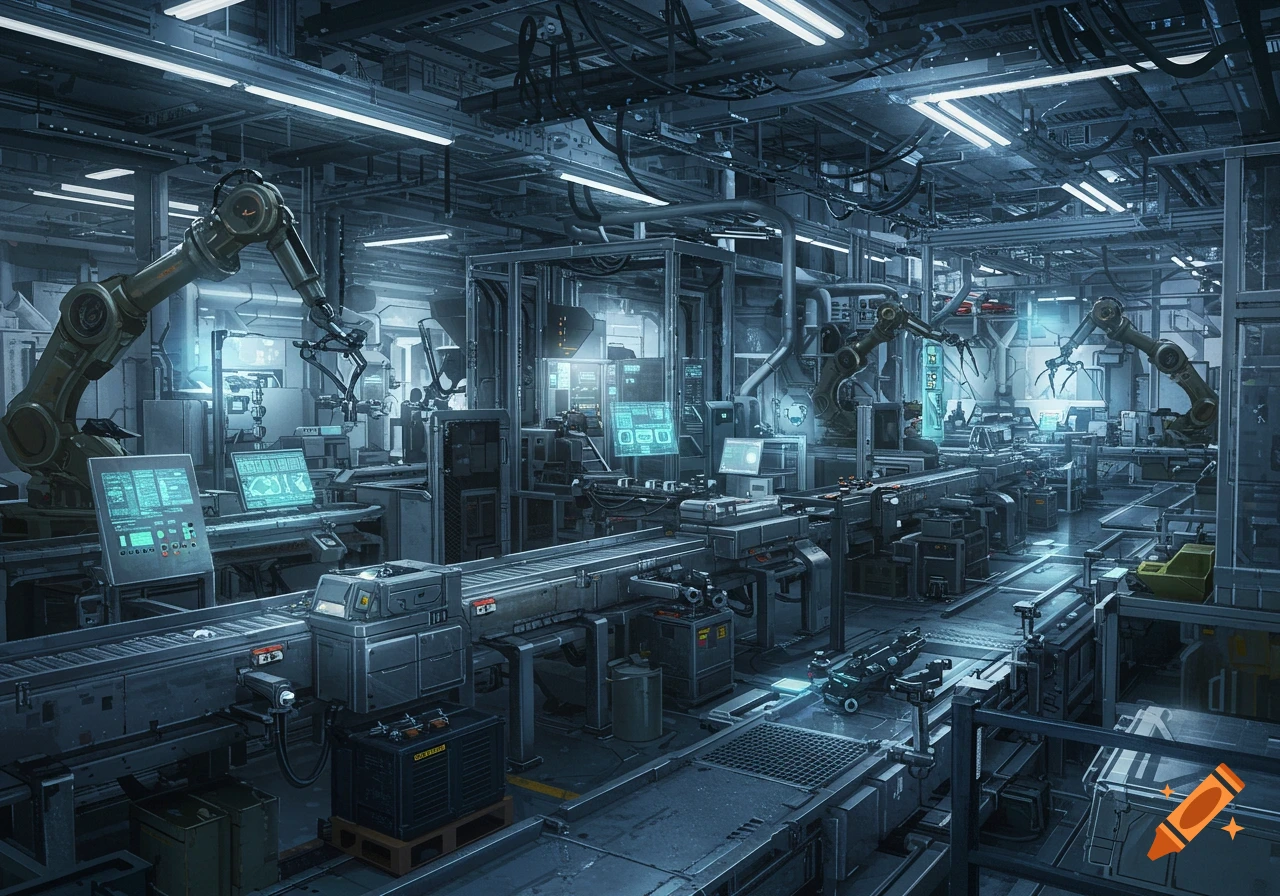 An expansive, detailed view of a futuristic automated factory floor with robotic arms, conveyor belts, and glowing computer screens in cool blue and gray tones.