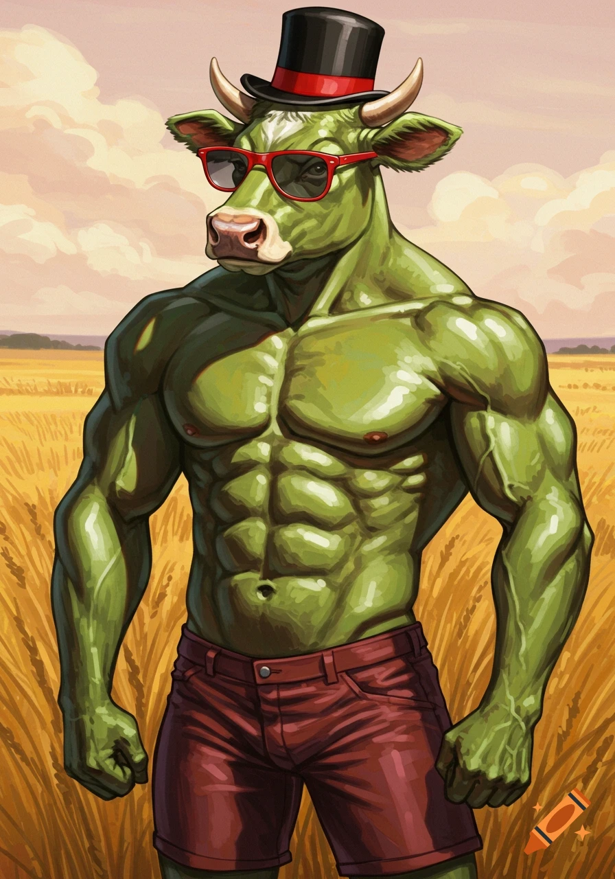 A muscular, green anthropomorphic cow in red sunglasses, a top hat, and red shorts stands in a wheat field.